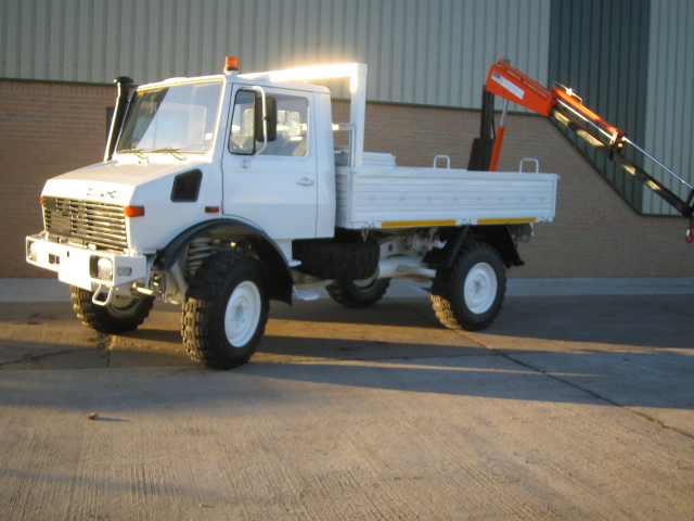 Mercedes Unimog U1300L crane truck - ex military vehicles for sale, mod surplus